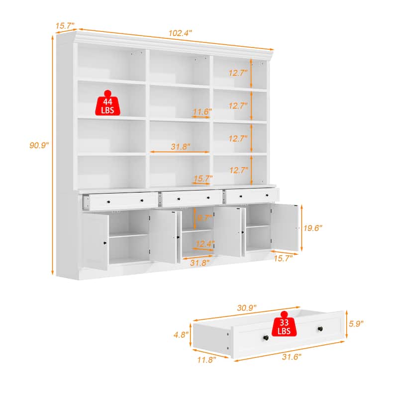 102.4" Large 6-Door Bookshelf w/Drawers Solid Pine Top Display Bookcase Bronze Handles White Storage Cabinet