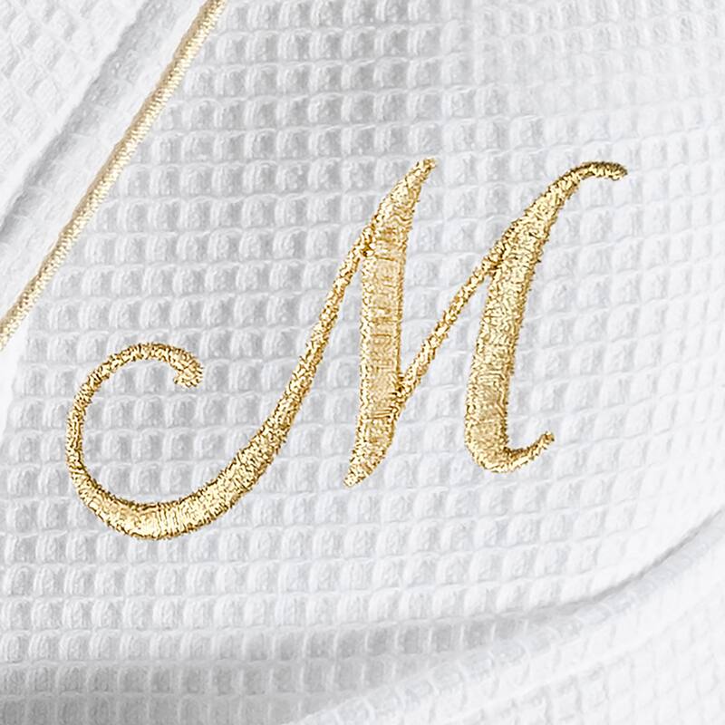 Authentic Hotel and Spa White/Gold Unisex Turkish Cotton Waffle Weave Terry Bath Robe with Gold Script Monogram