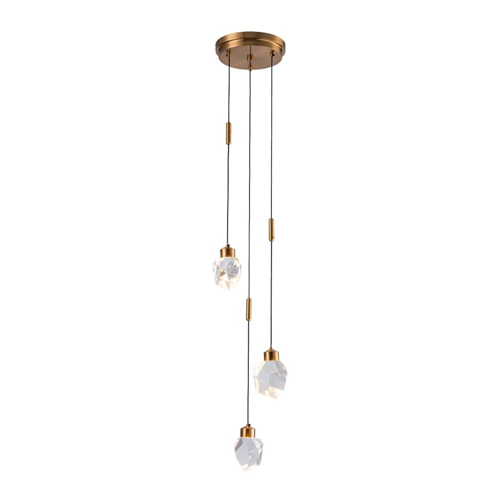 9'' Modern 3-Light Diamond Shape Crystal Cluster Integrated LED Pendant In Antique Gold Round Ceiling Lamp - W9''
