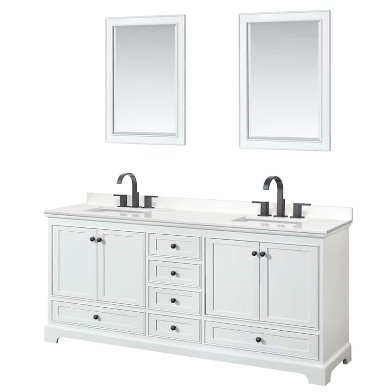 Deborah 80-inch Double Vanity, Quartz Top, 24-inch Mirrors - White, Black Trim, White Quartz Top