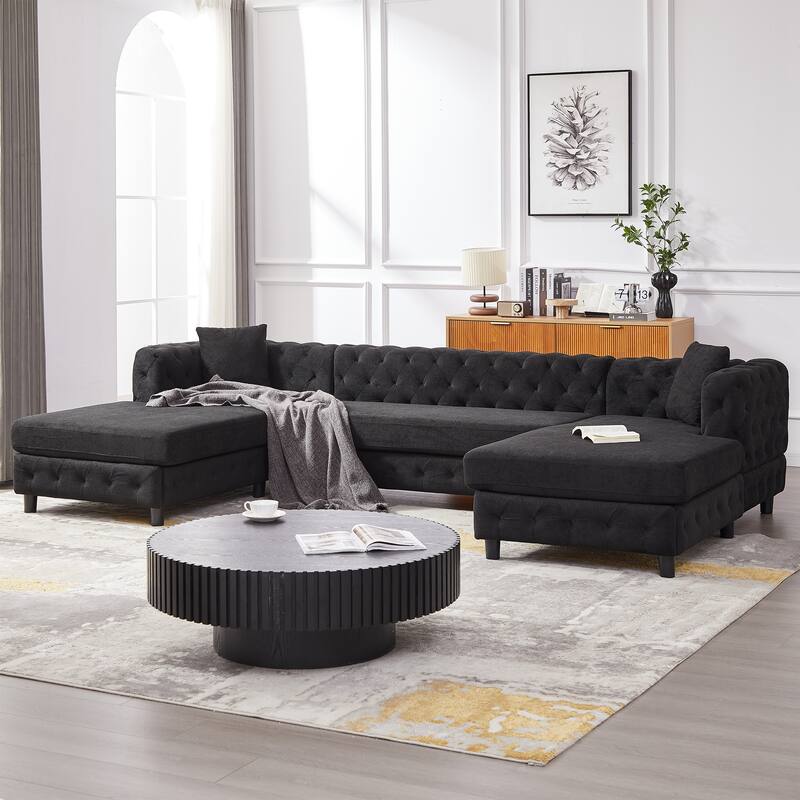 U-Shaped Chenille Sofa with Two Chaise Longue Seats and Pillows.