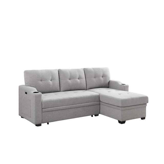 Mabel Linen Fabric Sleeper Sectional with cupholder, USB charging port and pocket - Light Grey
