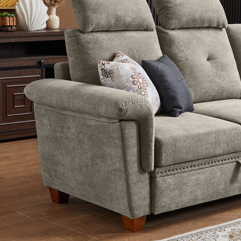 109" Modern 4 Seaters Towelling Sectional Sofa with Hidden Coffee Table Adjustable Headrest and Large Storage Space