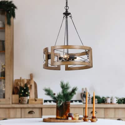 Freem Modern Farmhouse 3-Light Drum Wood Grain Chandelier for Dining Room - D15.5" * H 20.5"
