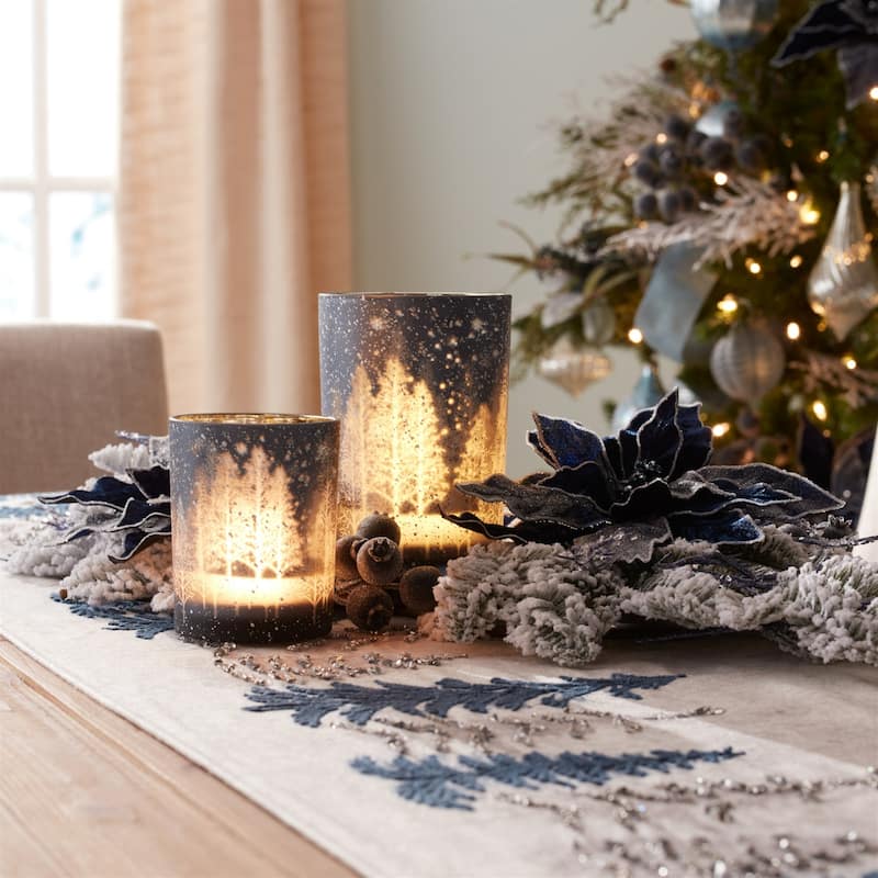 Pine Tree Glass Votive Candle Holders - 6.75" - Gray - Set of 2