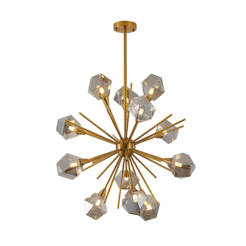 12-Light Gold Metal Chandelier With Smoke Glass Shades