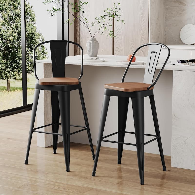 Swivel Counter & Bar Stools with Metal Frame Farmhouse 26" and 30" Seat Height Kitchen Barstools with High Back and Wooden Seat