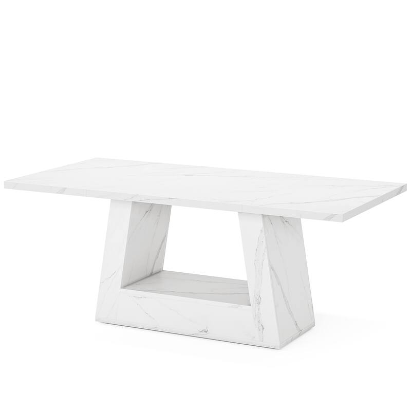 63" Modern Rectangular Dining Table for 4 to 6 People, White Faux Marble Kitchen Table