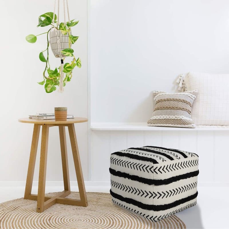 18" White and Black Chevron Stripe Square Pouf Ottoman