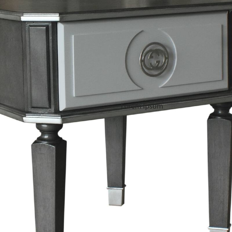 MDF End Table with 1 Drawer and Turned Tapered Legs, Gray and Silver