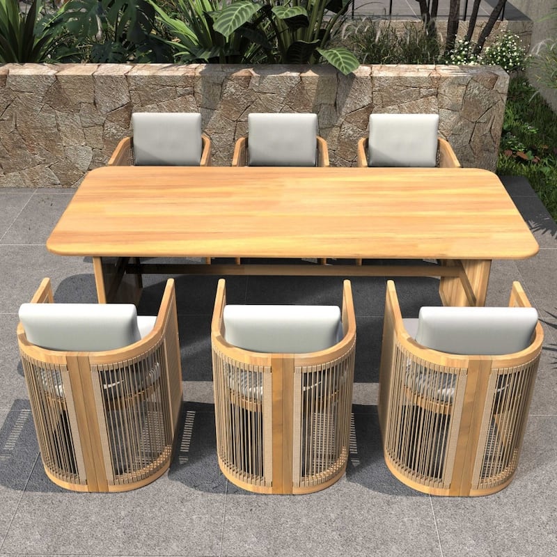 Outdoor 7-piece Acacia Wood Dining Set with 6 Cushioned Chairs for Patio Entertaining
