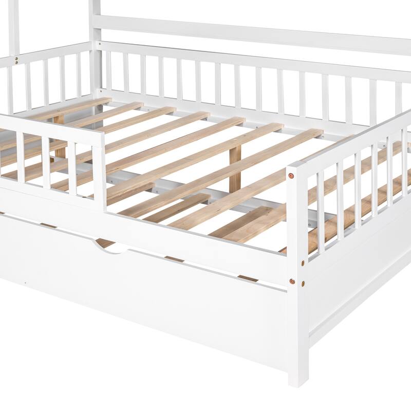 Wooden House Bed Frame with Trundle Bed, Kids Playhouse Bed, Solid Pine Platform Bed Frame with Shelf and Fence
