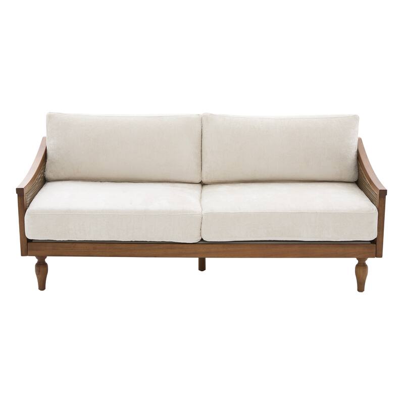 Roomfitters Mid-Century Modern Loveseat Sofa with Rattan Armrests, Solid Wood Frame