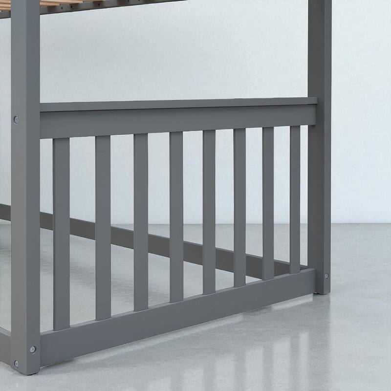 Twin Over Twin House Bunk Bed with Roof and Window, Solid Wood Frame with Ladder for Kids