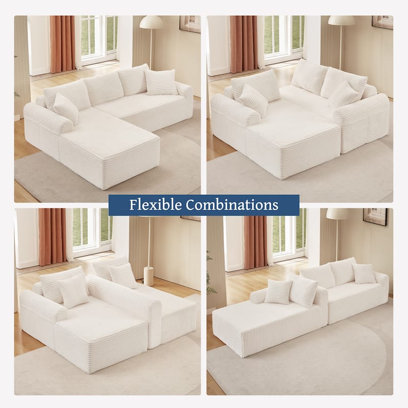 Modular Cloud Sectional Couch with Chaise, Corduroy Upholstered Boneless Sofa, Full-Compression Sofa with 2 Throw Pillows