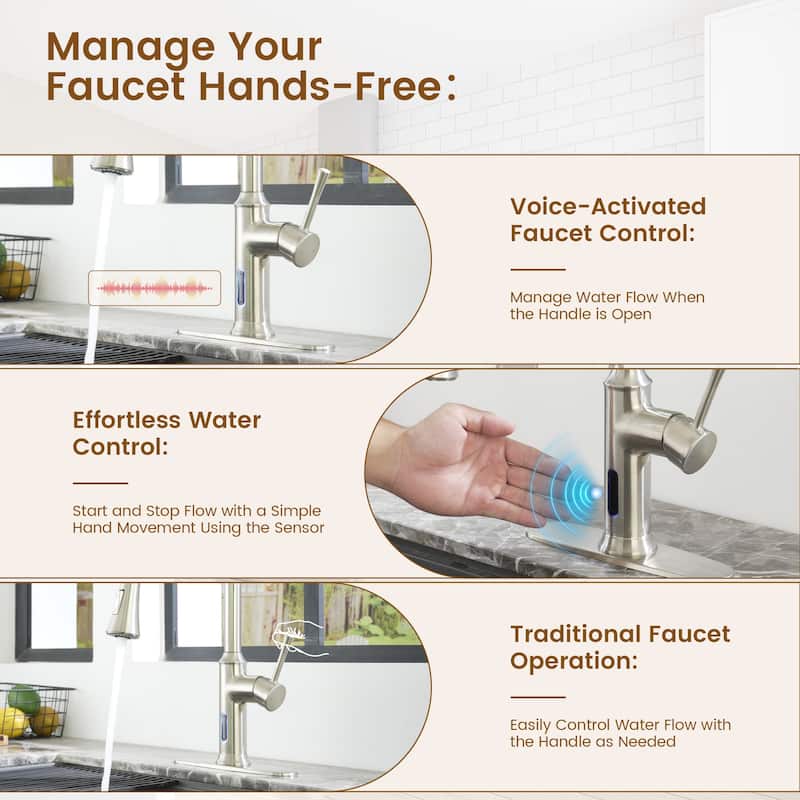 Smart Touchless Single Handle Pull-Down Sprayer Kitchen Faucet with Infrared Sensor and Smart Voice Control