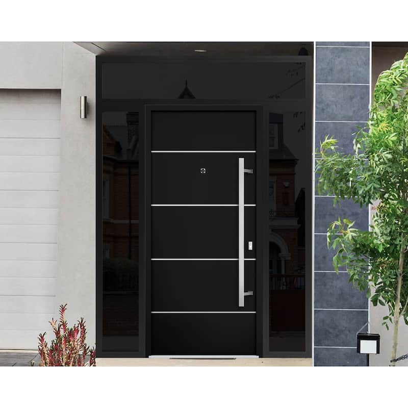 Front Prehung Steel Door 6083 Black Enamel Top Window Sidelite Stainless Inserts W36xH80+16 Lh I Bedroom Door Bathroom Door