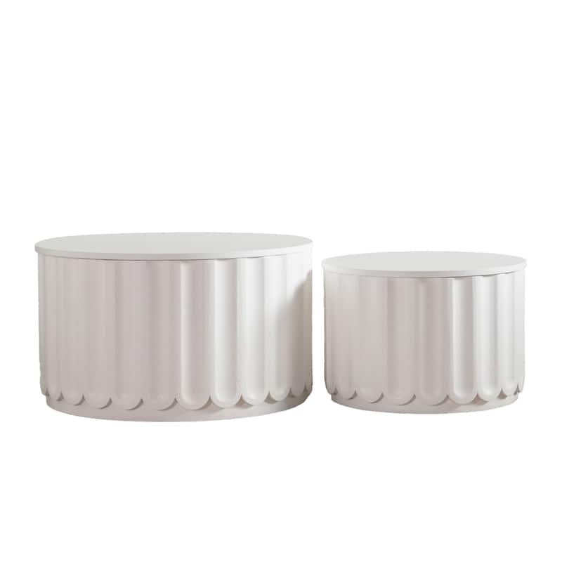 White Round Storage Table Set with Lift-Off Lid, Nesting Design, Elegant Curved-Edge Shape for Cozy Living Room Styling