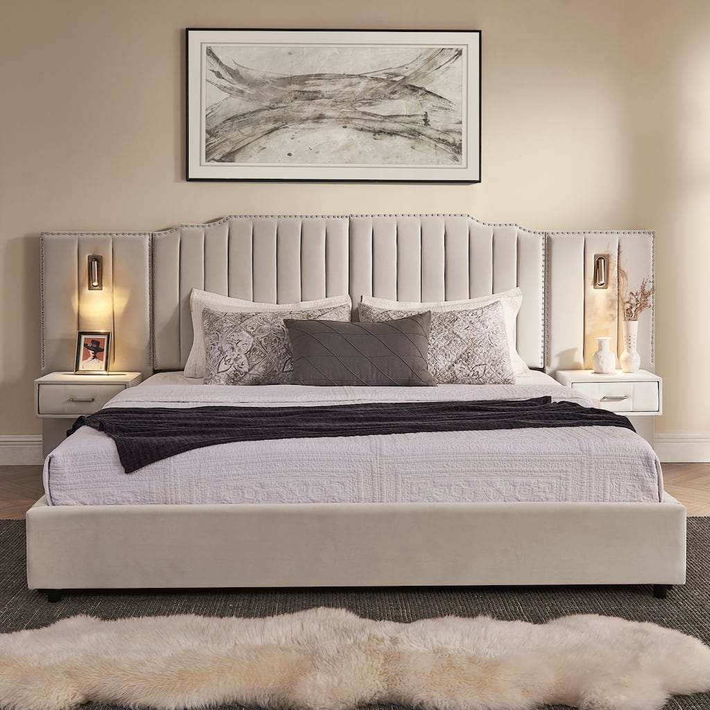 King Size Upholstered Bed Frame with Velvet Fabric