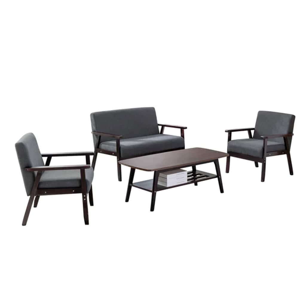 Gala 4 Piece Coffee Table, Loveseat, 2 Chair Set, Dark Brown, Gray Fabric