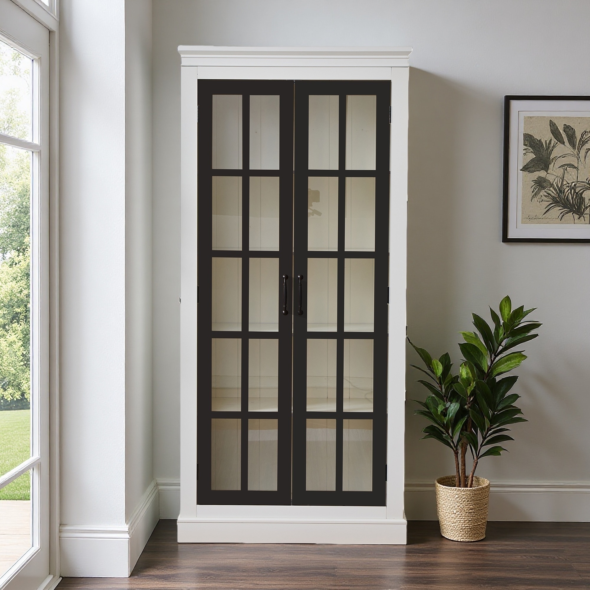 71.2"H Freestanding Pantry Cabinet, Glass Doors, Adjustable Shelves, Curio Cabinet