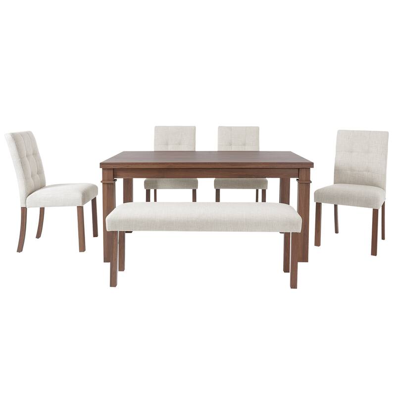 6-Piece Wood Dining Table Set, Modern Kitchen Table Set with 4 Upholstered Chairs and Bench for Living Room