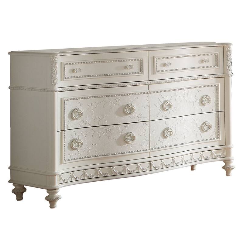 Dorie 54 Inch Wide Dresser, 6 Drawers, Oval Molded Trim, Ivory White Wood