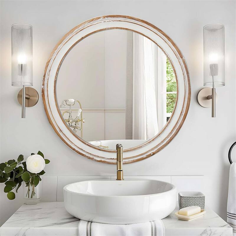 35.4 Inch Round Wood Mirror
