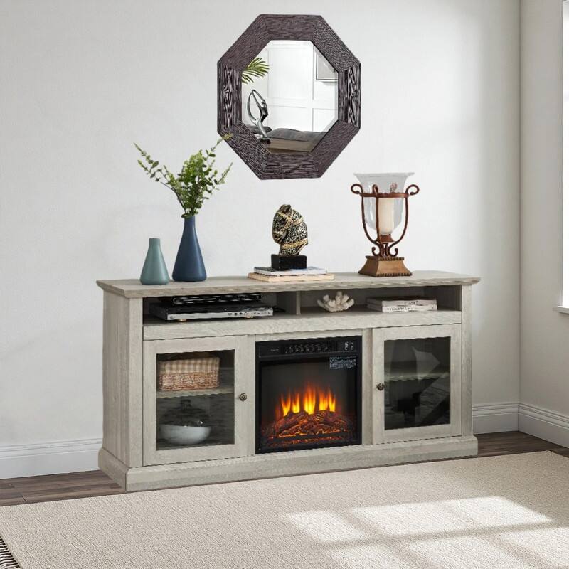 58/60" Contemporary/Classic Fireplace TV Stand for 65" TVs w/ 18" Insert Open/Glass-Door Storage Stone Gray/Driftwood - 60inch - Stone Gray