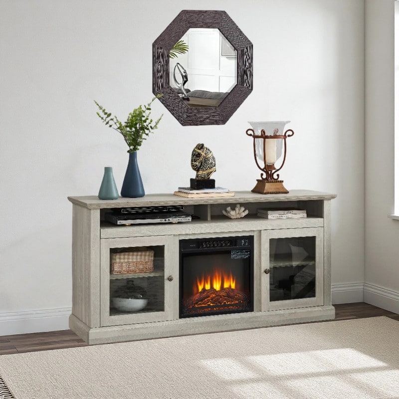 58/60" Contemporary/Classic Fireplace TV Stand for 65" TVs w/ 18" Insert Open/Glass-Door Storage Stone Gray/Driftwood