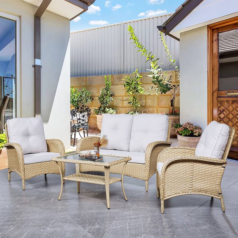 Pocassy Outdoor Patio Sofa Loveseat with Chair Coffee Table - Beige - Yellow