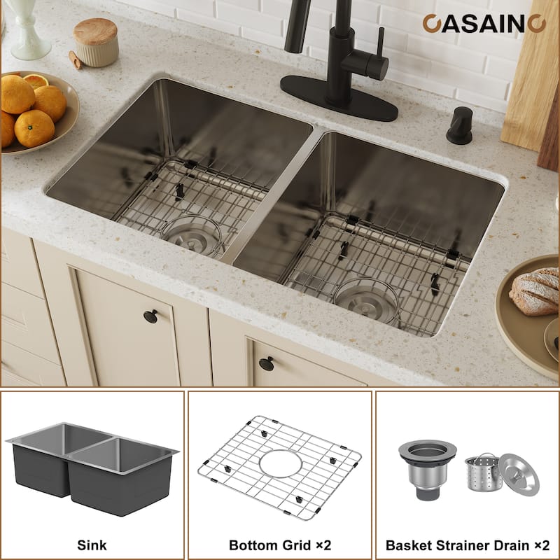 31 in. Undermount Double Bowl 18 Gauge Stainless Steel Kitchen Sink with Bottom Grid and Basket Strainer, cUPC Certified