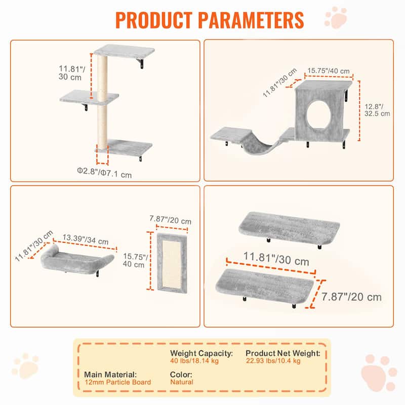 Natural Particle Board Cat Wall Set with Hammock, Sofa & Tree