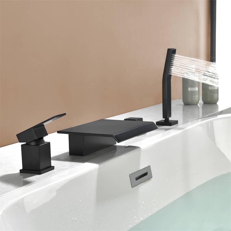 Waterfall Deck Mount Tub Faucet with Handheld Shower Brass 4 Holes Modern Bathtub Filler with Hand Sprayer