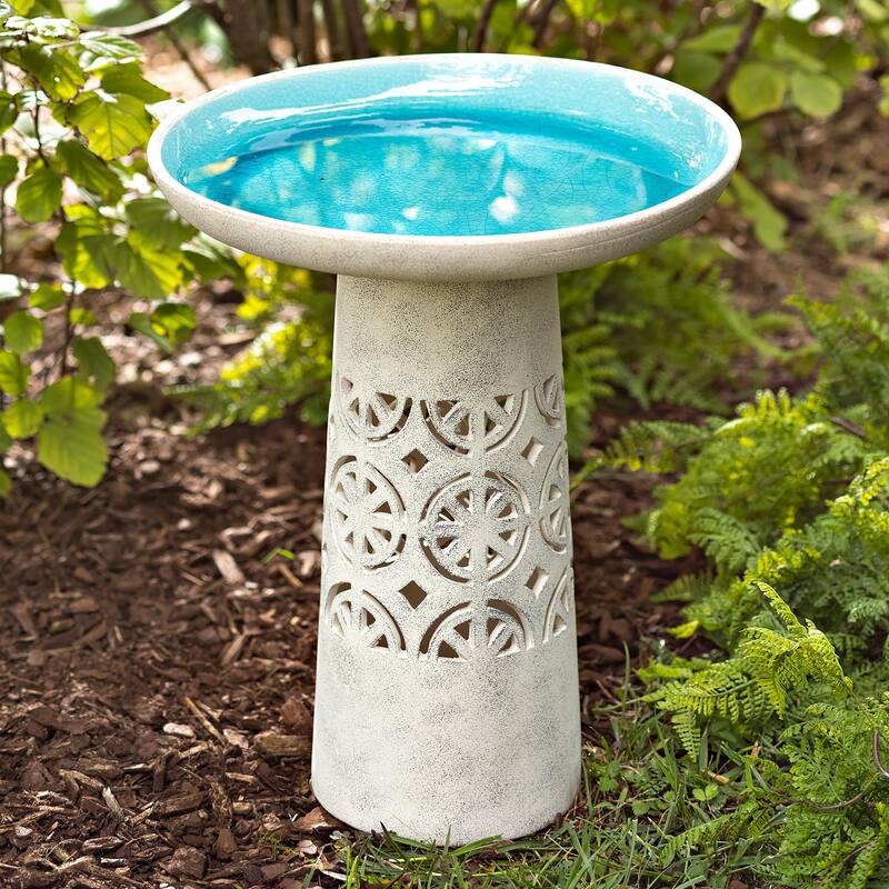 Aqua Crackle Glazed Ceramic Birdbath