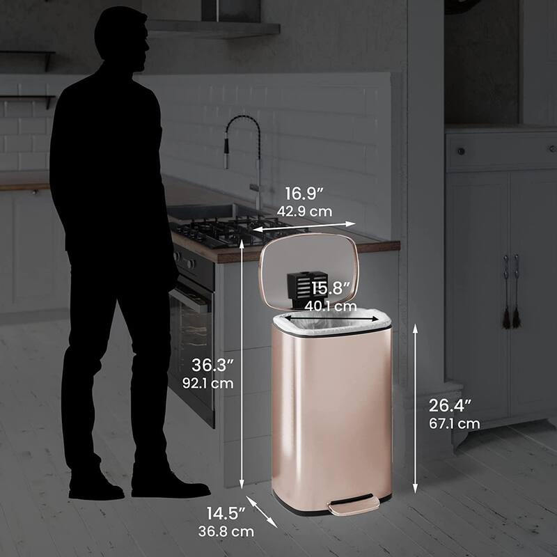 13.2 Gallon Kitchen Step Trash Can with Odor Filter, 50 Liter Rose Gold Stainless Steel Pedal