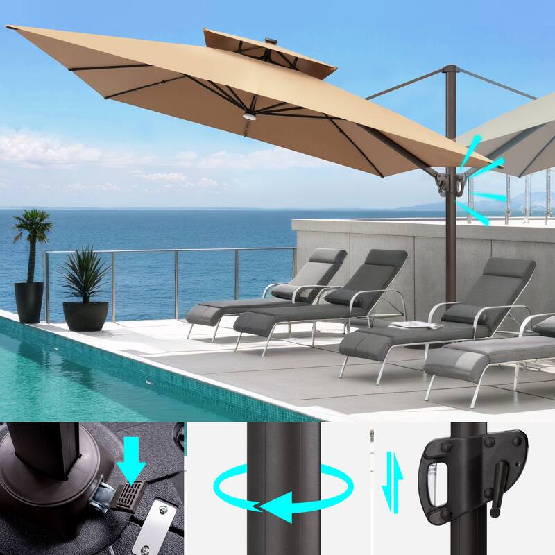 VredHom 11X11 FT Outdoor Square Cantilever Patio Umbrella Aluminum Solar LED Light with HDPE Base