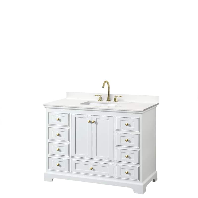Deborah 48-inch Single Vanity, Quartz Top - White, Gold Trim, White Quartz Top