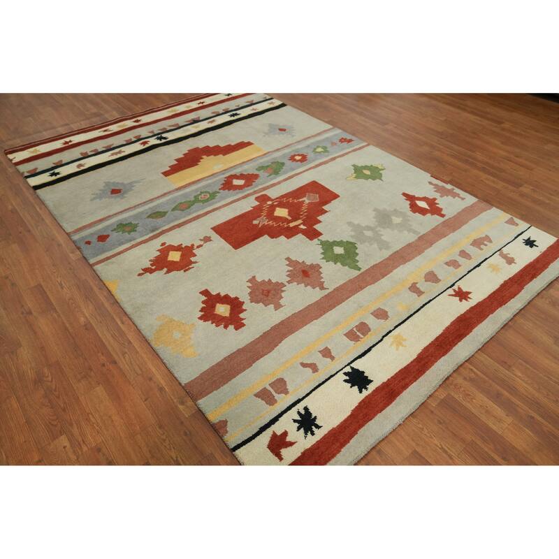 Geometric Gabbeh Vegetable Dye Area Rug Handmade Carpet - 8' 11'' X 6' 0''