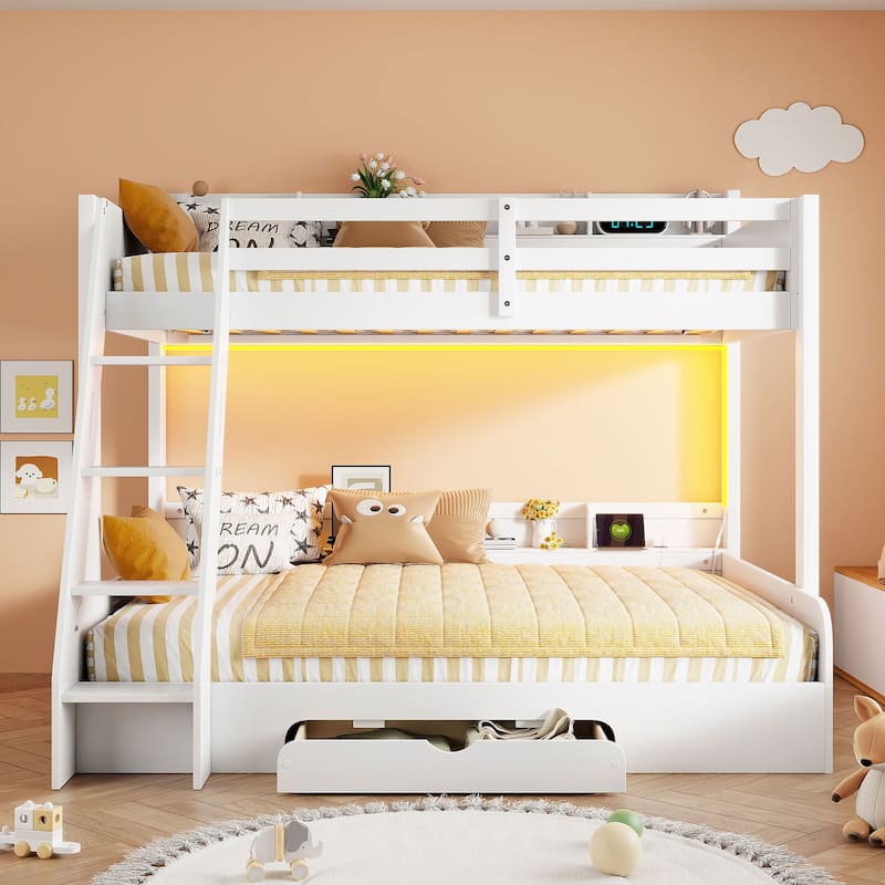 Twin over Full Wooden Bunk Bed with Charging Station, Solid Pinewood LED Storage Bed Frame with Storage Shelves and Drawer - White - Full