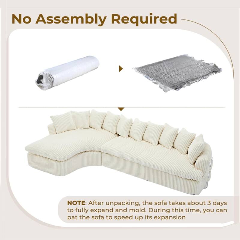 127"Corduroy L-Shaped Sectional Sofa with High-Resilience Foam, 10 Back Cushions, and No Assembly Required