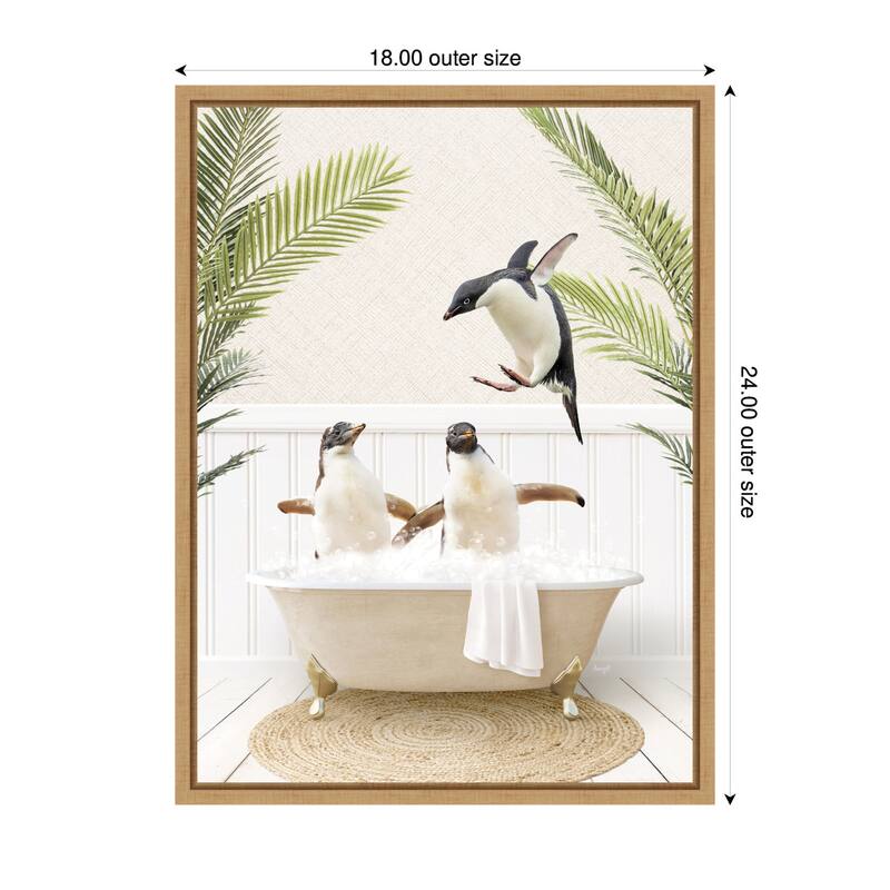 Kate and Laurel Sylvie Penguins in Palm Bathtub Framed Canvas by Amy Peterson
