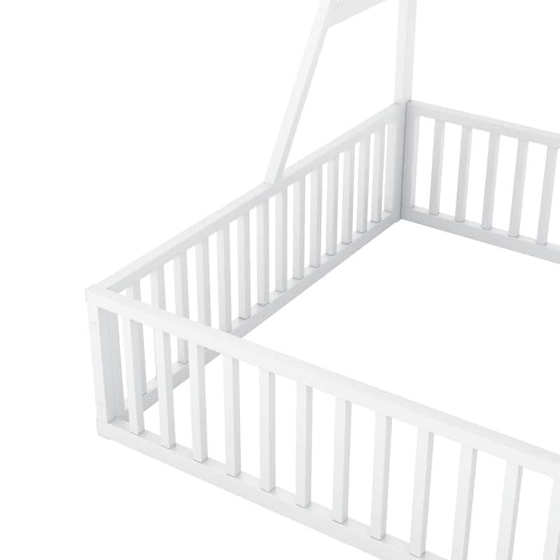 Kids Full Size Floor Bed with Safety Fence, Metal Frame, Desk & Storage - Playhouse Design, Black