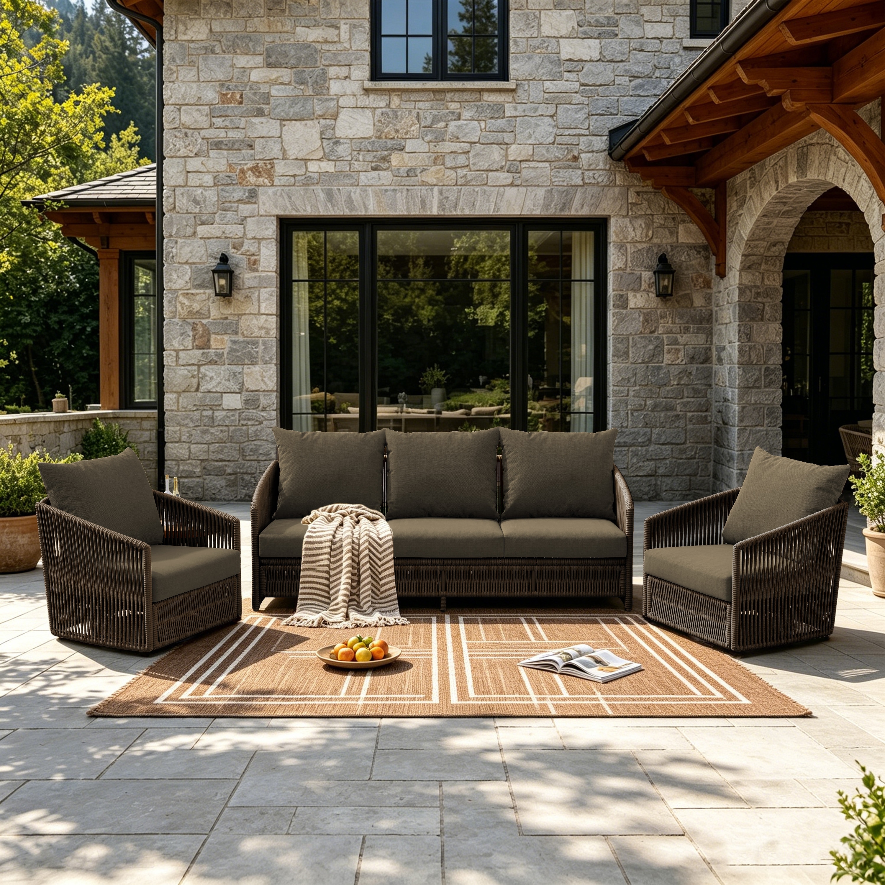 4-Piece Rope Woven Metal Sofa Swivel Chairs Patio Conversation Set