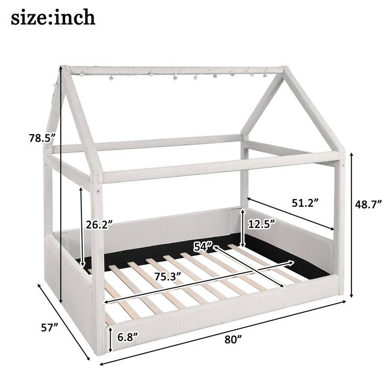 Full Size Upholstered House Daybed with LED Light Strips, Modern House Floor Bed Montessori Bed with Roof Design for Kids