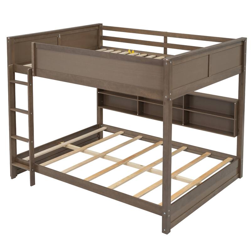 Queen Over Queen Bunk Bed with Storage Cabinets, Wooden Storage Bunk Bed Frame with Charging Station & Safety Guaranteed