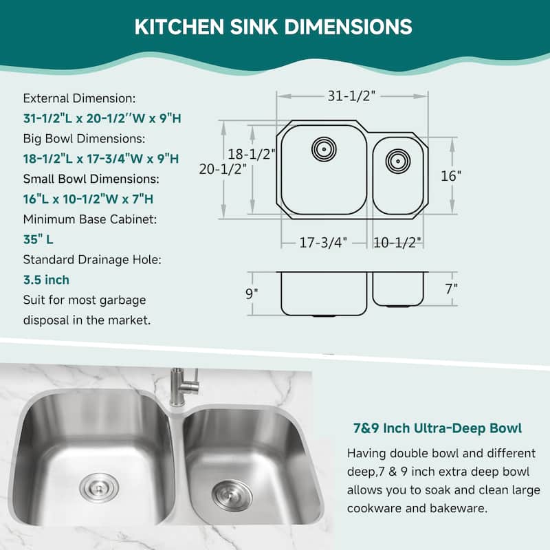 CB HOME 31" Classic Undermount Double Bowl Kitchen Sink, Undercounter 60/40 Big Bowl & Small Bowl Stainless Steel Sink Kitchen