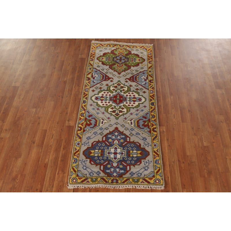 Geometric Beige Kazak Oriental Rug Hand-Knotted Wool Carpet - 2'7"x 6'1"