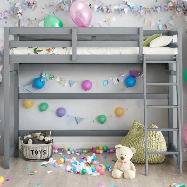 slide 2 of 18, Twin Size High Loft Bed with inclined Ladder and Guardrails, Grey Grey