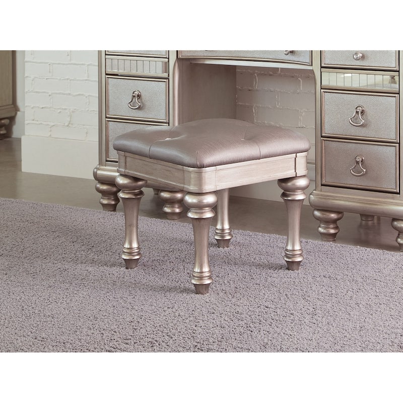 Fabric Vanity Stool with Arrow Bun Feet in Metallic Platinum